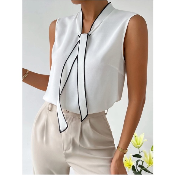 White Blouse Black Trim Tie Front Neck Sleeveless Blouse Office Top Shirt - Picture 7 of 11